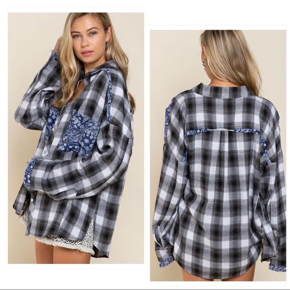 𝅺BOHO  Black Plaid Button Down Shirt - Picture 1 of 13